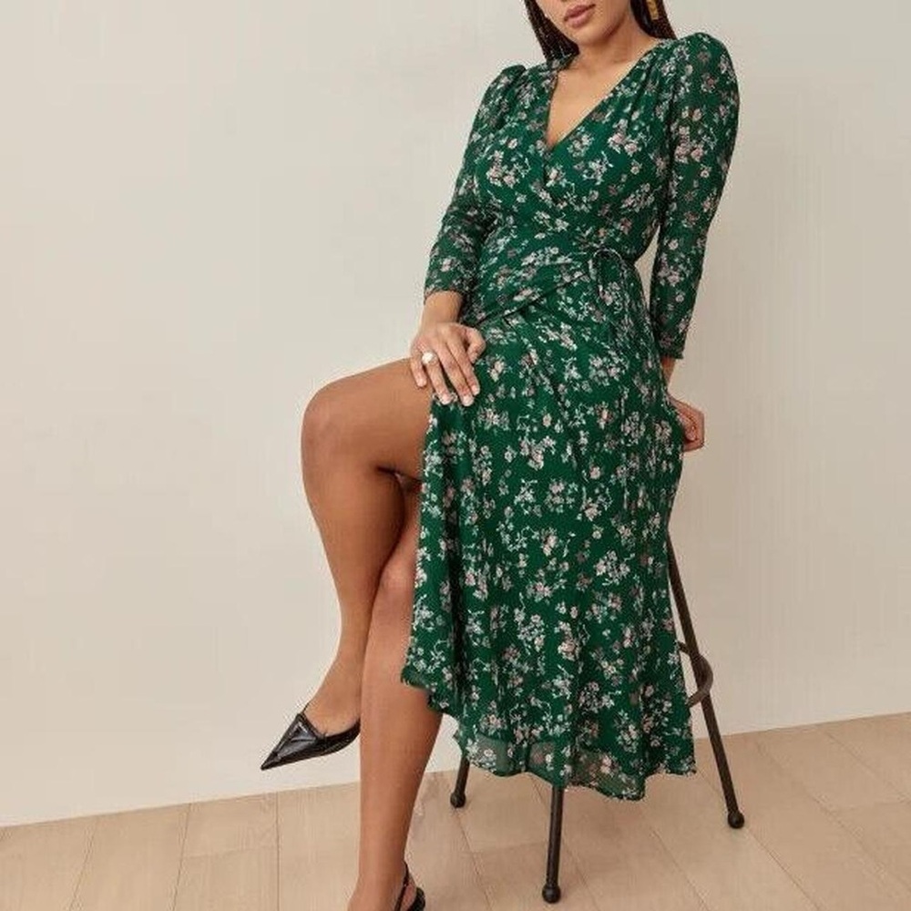 Reformation Green and White Puff Sleeve Wrap Dress